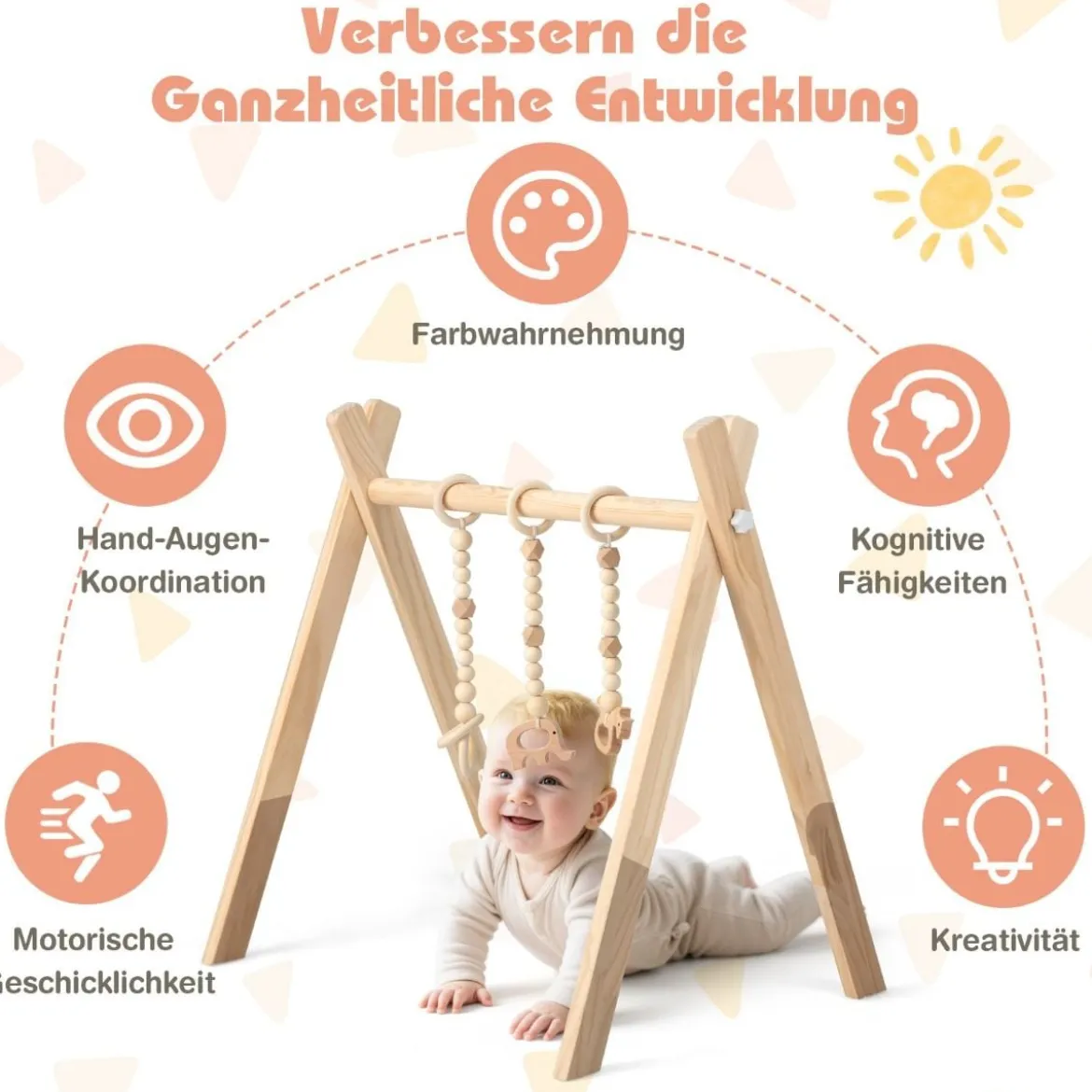 Baby Gym Babyspielgerät Spieltrapez Spielbogen Holzspielzeug Aktivitätszentrum mit 3 Kinderspielzeugen