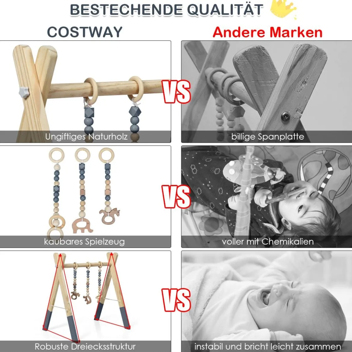 Baby Gym Babyspielgerät Spieltrapez Spielbogen Holzspielzeug Aktivitätszentrum mit 3 Kinderspielzeugen