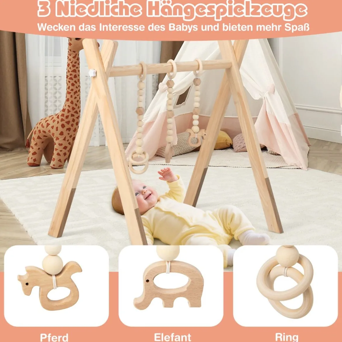 Baby Gym Babyspielgerät Spieltrapez Spielbogen Holzspielzeug Aktivitätszentrum mit 3 Kinderspielzeugen