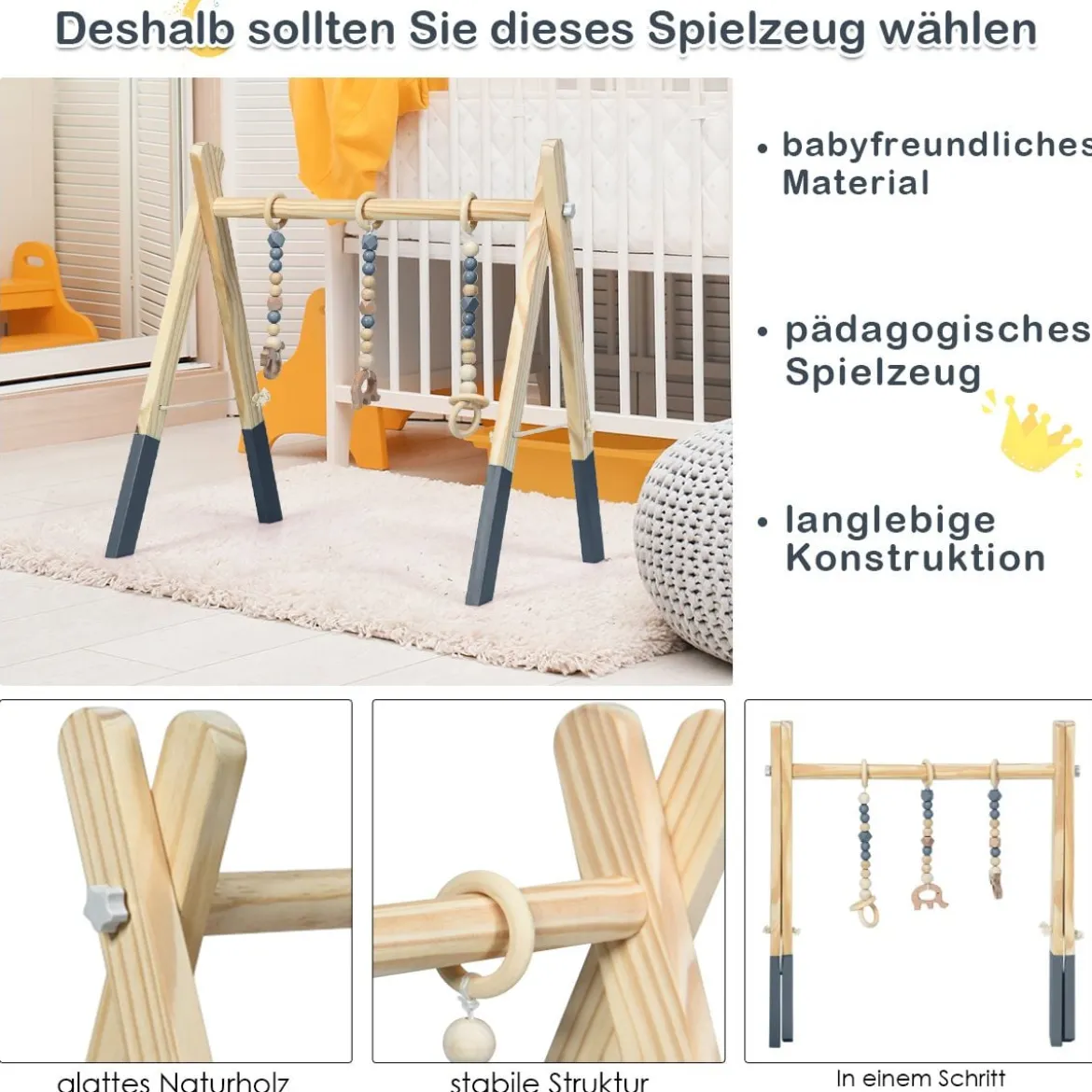Baby Gym Babyspielgerät Spieltrapez Spielbogen Holzspielzeug Aktivitätszentrum mit 3 Kinderspielzeugen