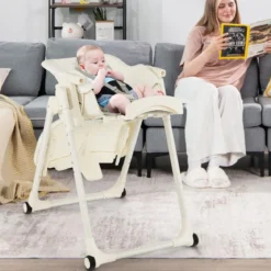 Babyhochstuhl Faltbarer Hochstuhl mit 6 Verstellbaren Höhen Esszimmerstuhl für Kleinkinder Beige