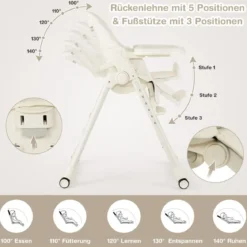 Babyhochstuhl Faltbarer Hochstuhl mit 6 Verstellbaren Höhen Esszimmerstuhl für Kleinkinder Beige