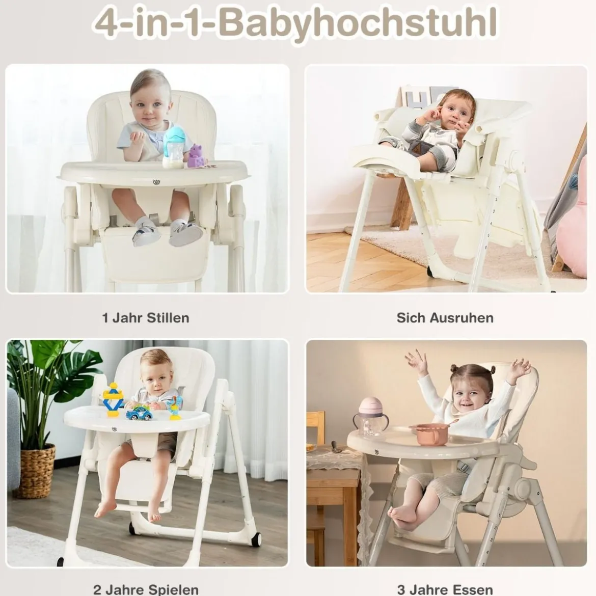 Babyhochstuhl Faltbarer Hochstuhl mit 6 Verstellbaren Höhen Esszimmerstuhl für Kleinkinder Beige