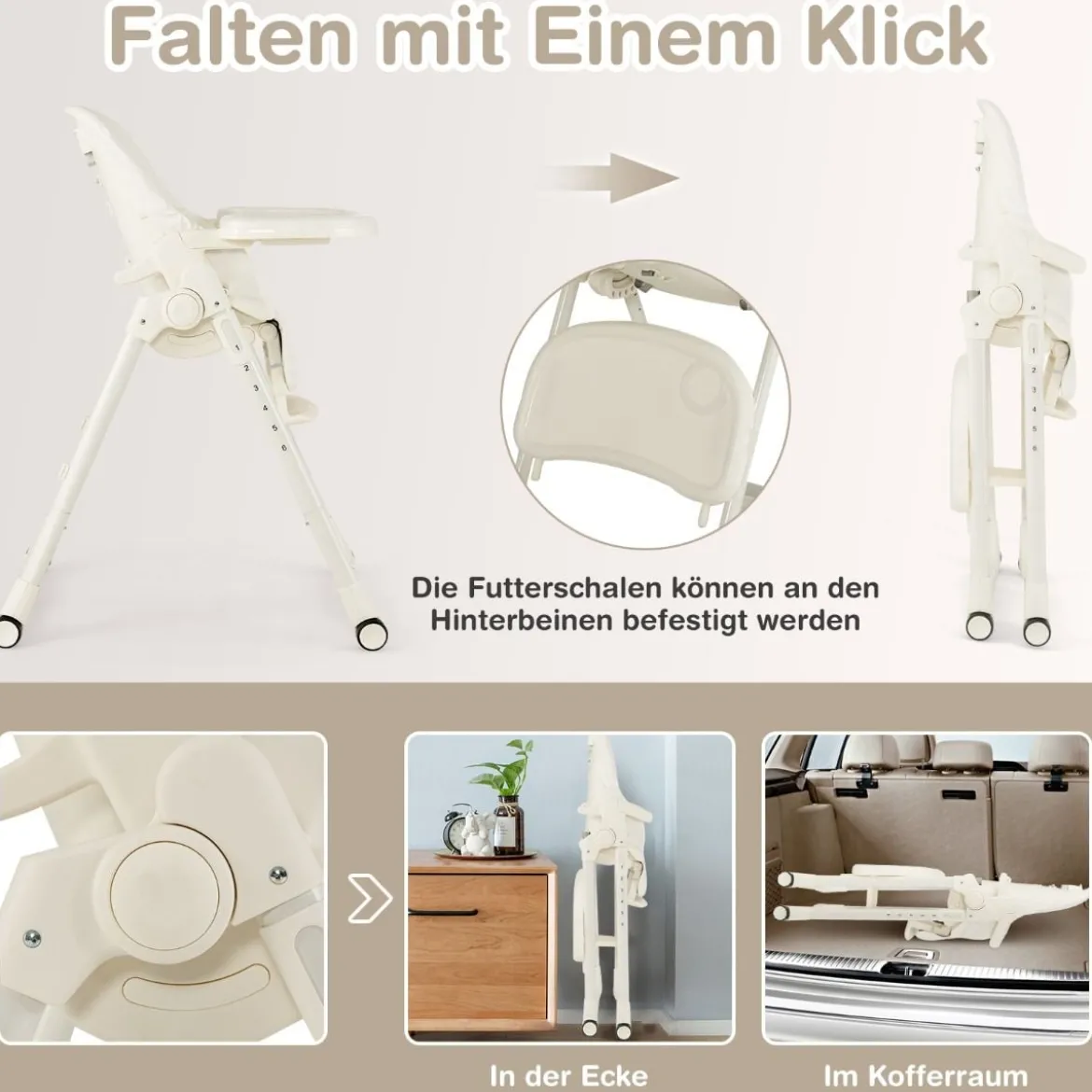 Babyhochstuhl Faltbarer Hochstuhl mit 6 Verstellbaren Höhen Esszimmerstuhl für Kleinkinder Beige
