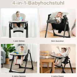 Babyhochstuhl Faltbarer Hochstuhl mit 6 Verstellbaren Höhen Esszimmerstuhl für Kleinkinder Grau
