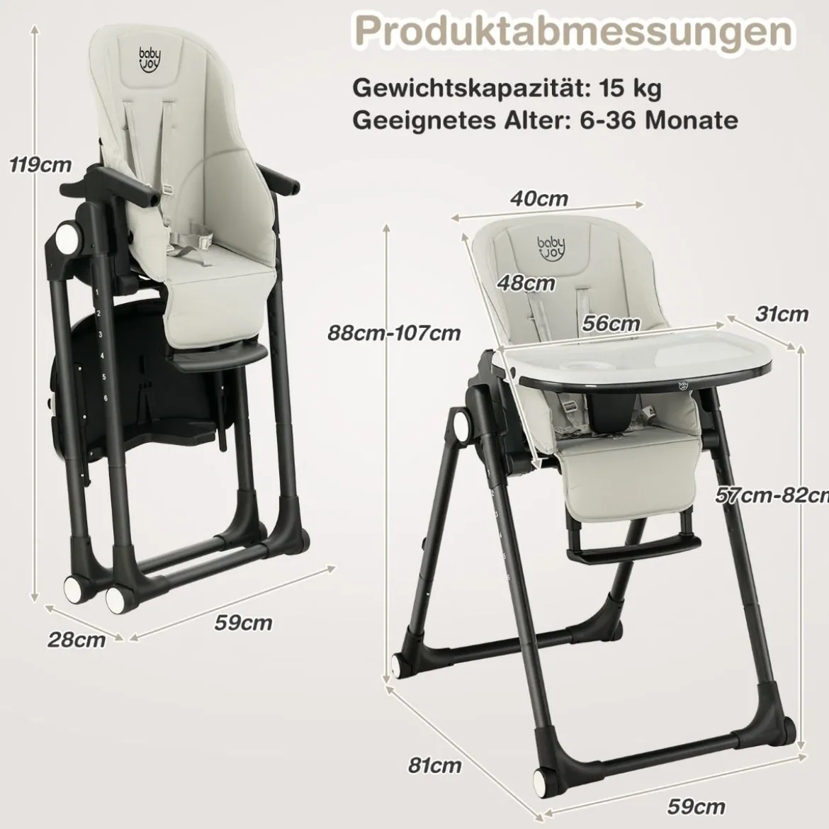 Babyhochstuhl Faltbarer Hochstuhl mit 6 Verstellbaren Höhen Esszimmerstuhl für Kleinkinder Grau