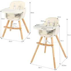 Babyhochstuhl Kinderhochstuhl Baby Treppenhochstuhl mit Einstellbares Esstischchen Holz Beige/Rosa-Beige