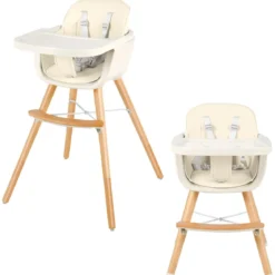 Babyhochstuhl Kinderhochstuhl Baby Treppenhochstuhl mit Einstellbares Esstischchen Holz Beige/Rosa-Beige