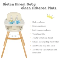 Babyhochstuhl Kinderhochstuhl Baby Treppenhochstuhl mit Einstellbares Esstischchen Holz Beige/Rosa-Beige