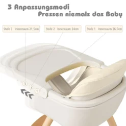 Babyhochstuhl Kinderhochstuhl Baby Treppenhochstuhl mit Einstellbares Esstischchen Holz Beige/Rosa-Beige