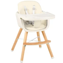 Babyhochstuhl Kinderhochstuhl Baby Treppenhochstuhl mit Einstellbares Esstischchen Holz Beige/Rosa-Beige
