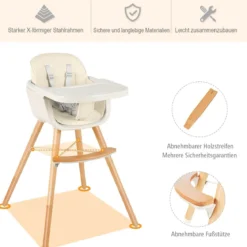 Babyhochstuhl Kinderhochstuhl Baby Treppenhochstuhl mit Einstellbares Esstischchen Holz Beige/Rosa-Beige