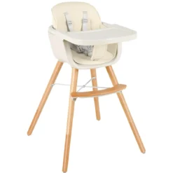Babyhochstuhl Kinderhochstuhl Baby Treppenhochstuhl mit Einstellbares Esstischchen Holz Beige/Rosa-Beige