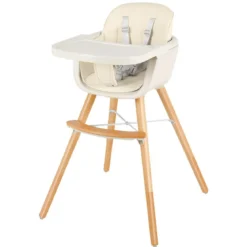 Babyhochstuhl Kinderhochstuhl Baby Treppenhochstuhl mit Einstellbares Esstischchen Holz Beige/Rosa-Beige