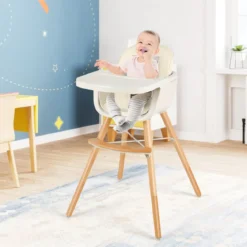 Babyhochstuhl Kinderhochstuhl Baby Treppenhochstuhl mit Einstellbares Esstischchen Holz Beige/Rosa-Beige