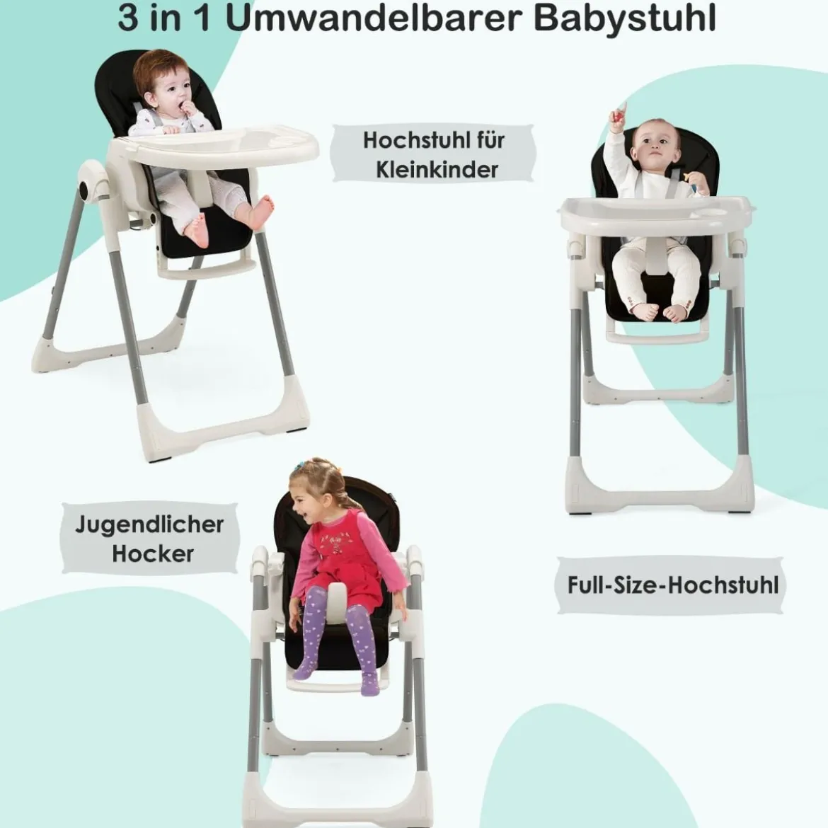 Babyhochstuhl Klappbar Hochstuhl Baby mit Liegefunktion 78 x 52,5 x 104 cm Schwarz