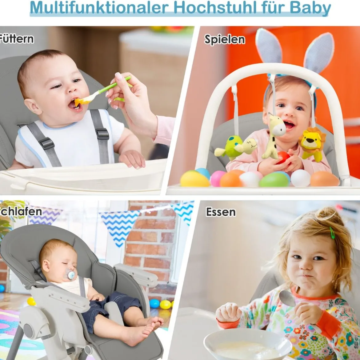 Babyhochstuhl Klappbar Hochstuhl Baby mit Liegefunktion 78 x 52,5 x 104 cm Grau