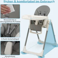 Babyhochstuhl Klappbar Hochstuhl Baby mit Liegefunktion 78 x 52,5 x 104 cm Grau
