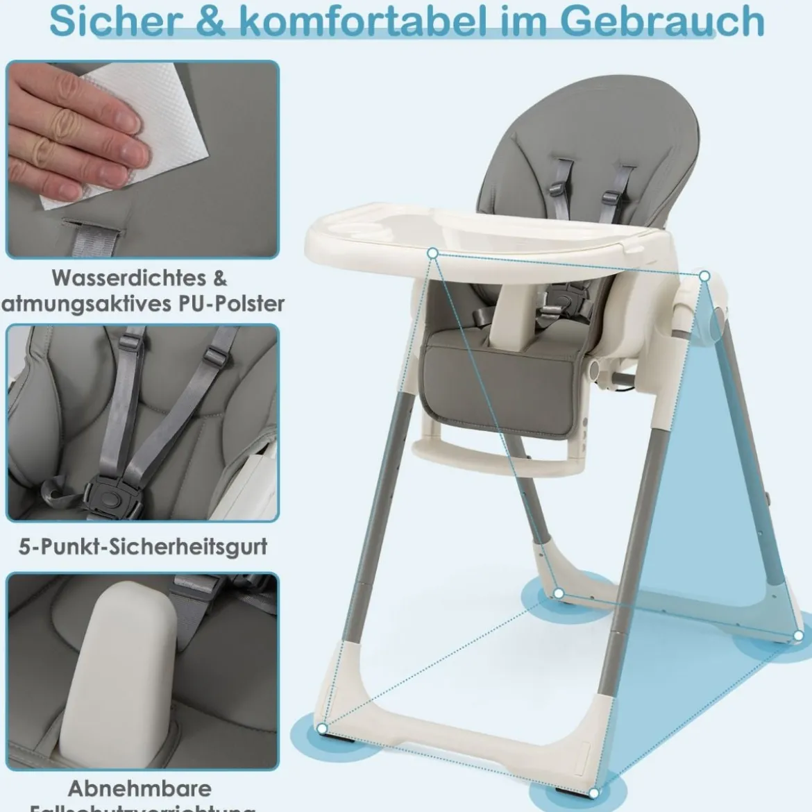 Babyhochstuhl Klappbar Hochstuhl Baby mit Liegefunktion 78 x 52,5 x 104 cm Grau