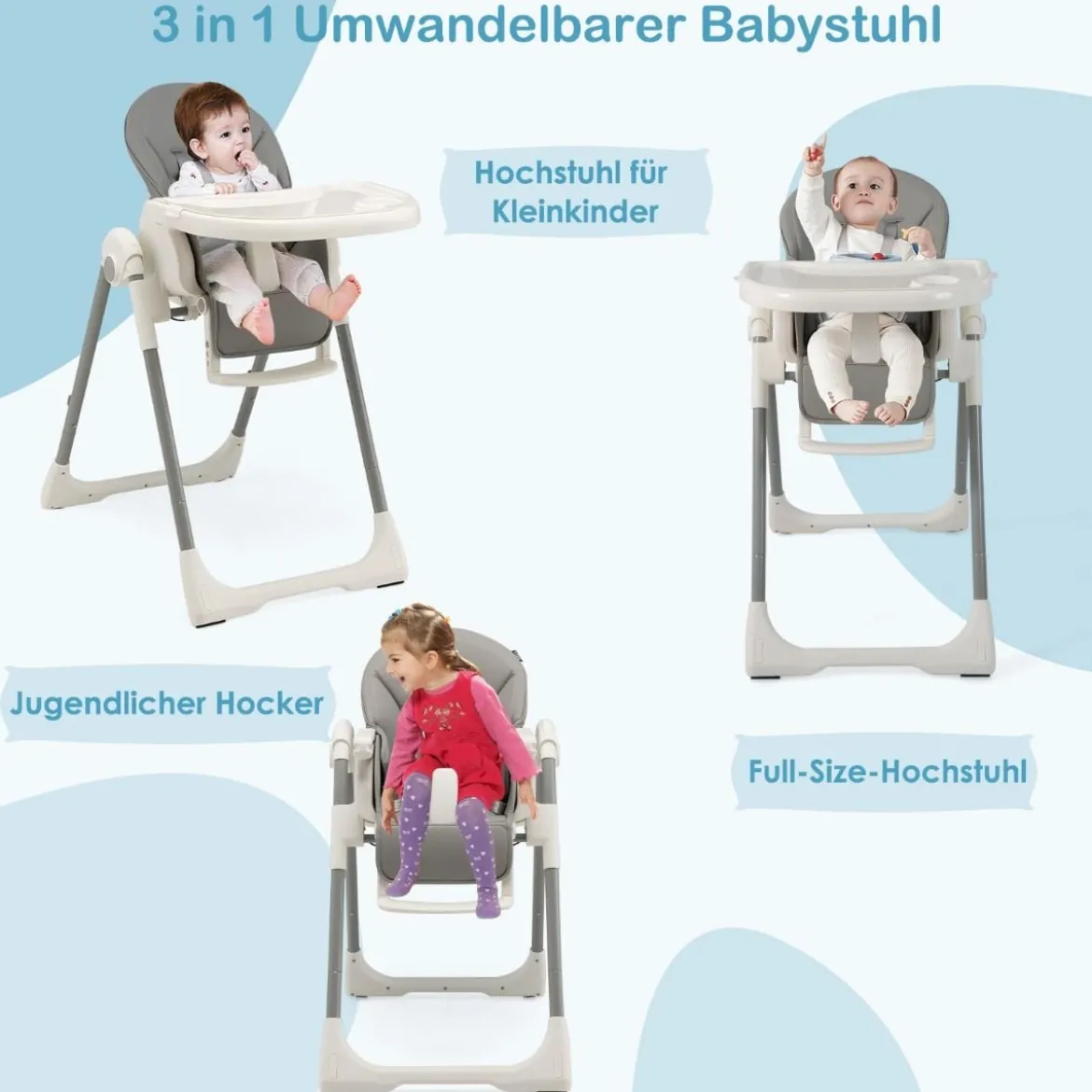 Babyhochstuhl Klappbar Hochstuhl Baby mit Liegefunktion 78 x 52,5 x 104 cm Grau