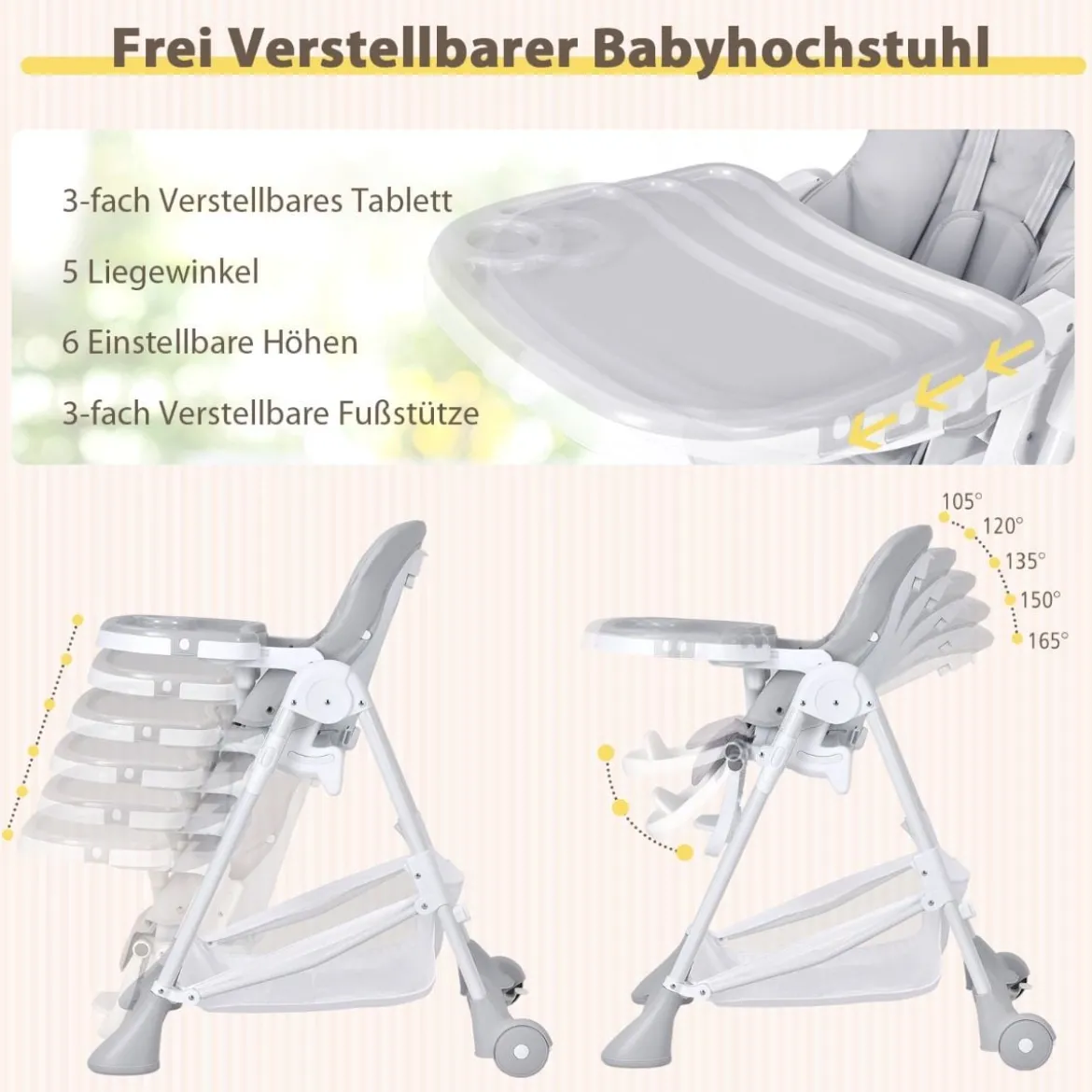 Baby Hochstuhl 5 stufige Rückenlehnenverstellung & 6 stufige Höhenverstellung Grau