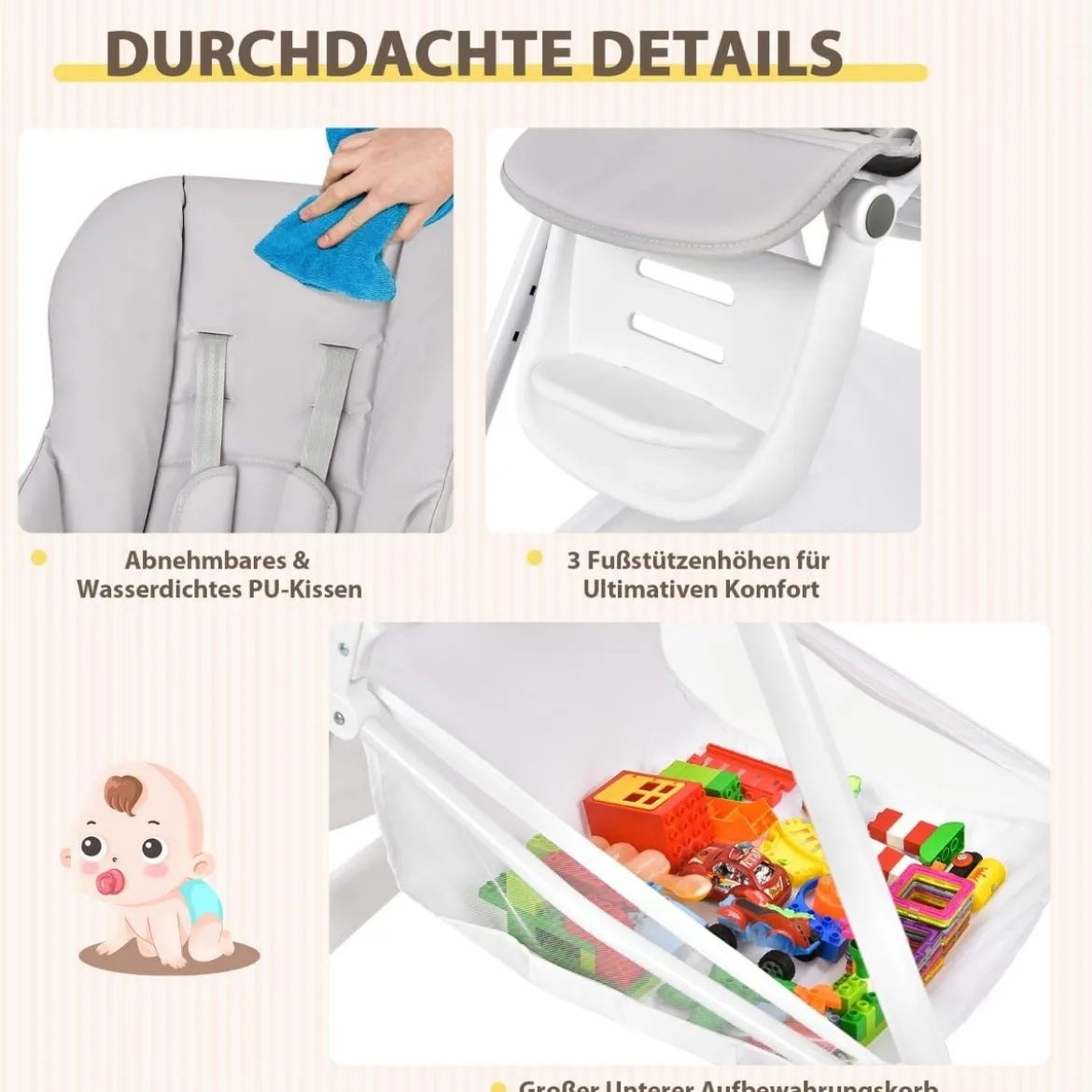 Baby Hochstuhl 5 stufige Rückenlehnenverstellung & 6 stufige Höhenverstellung Grau