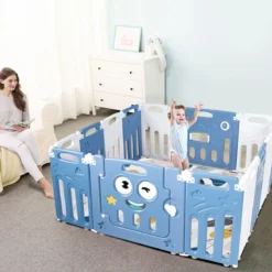 Baby Laufgitter aus Kunststoff mit Tür & Spielzeugboard für Kinder von 3 M. bis 6 J. Blau