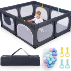 Baby-Laufgitter mit 4 Zugringen & 50 Ozeanbällen & Atmungsaktives Mesh & Tragetasche Dunkelgrau