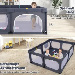 Baby-Laufgitter mit 4 Zugringen & 50 Ozeanbällen & Atmungsaktives Mesh & Tragetasche Dunkelgrau