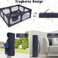 Baby-Laufgitter mit 4 Zugringen & 50 Ozeanbällen & Atmungsaktives Mesh & Tragetasche Dunkelgrau