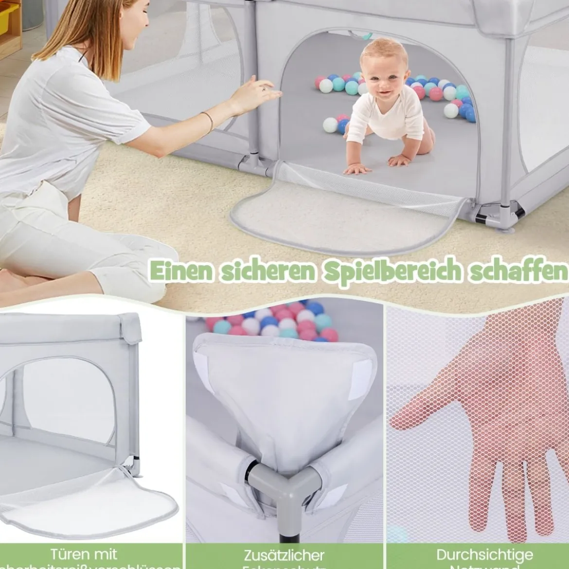 Baby-Laufgitter mit 4 Zugringen & 50 Ozeanbällen & Atmungsaktives Mesh & Tragetasche Hellgrau