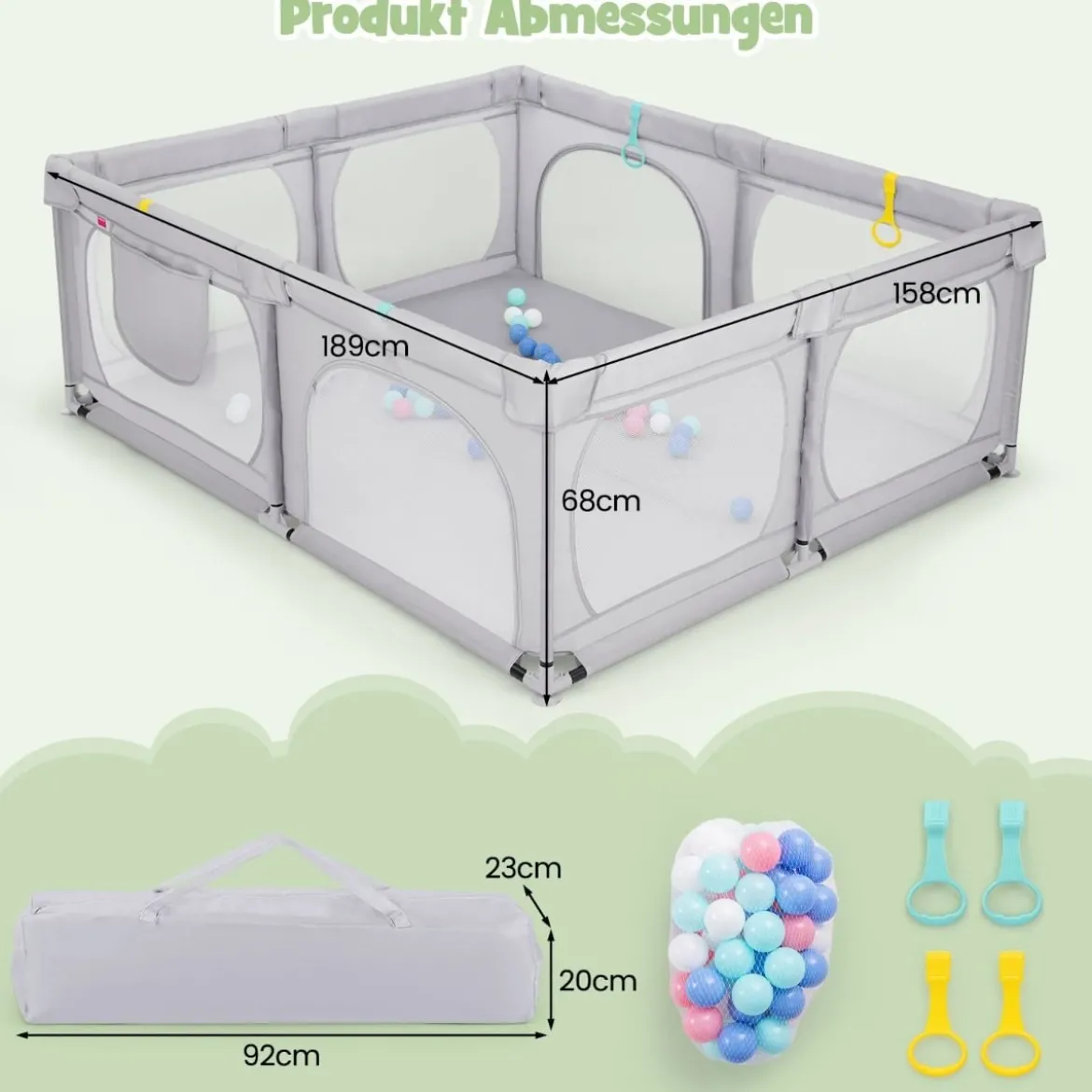 Baby-Laufgitter mit 4 Zugringen & 50 Ozeanbällen & Atmungsaktives Mesh & Tragetasche Hellgrau