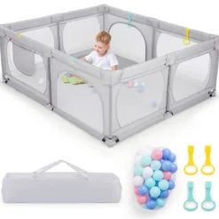Baby-Laufgitter mit 4 Zugringen & 50 Ozeanbällen & Atmungsaktives Mesh & Tragetasche Hellgrau