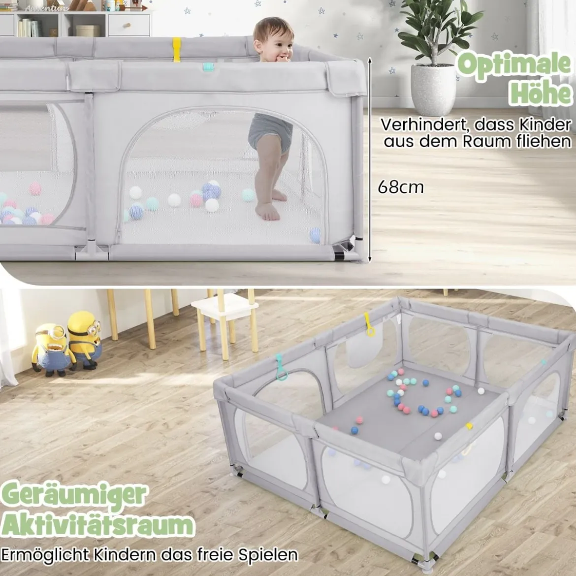 Baby-Laufgitter mit 4 Zugringen & 50 Ozeanbällen & Atmungsaktives Mesh & Tragetasche Hellgrau