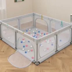 Baby-Laufgitter mit 4 Zugringen & 50 Ozeanbällen & Atmungsaktives Mesh & Tragetasche Hellgrau