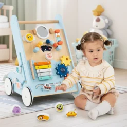 Baby Lauflernhilfe zum Schieben & Ziehen Holz Lauflernwagen Laufspielzeug mit Rädern Blau