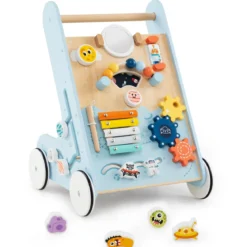 Baby Lauflernhilfe zum Schieben & Ziehen Holz Lauflernwagen Laufspielzeug mit Rädern Blau