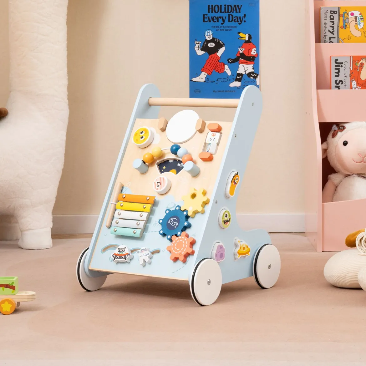 Baby Lauflernhilfe zum Schieben & Ziehen Holz Lauflernwagen Laufspielzeug mit Rädern Blau