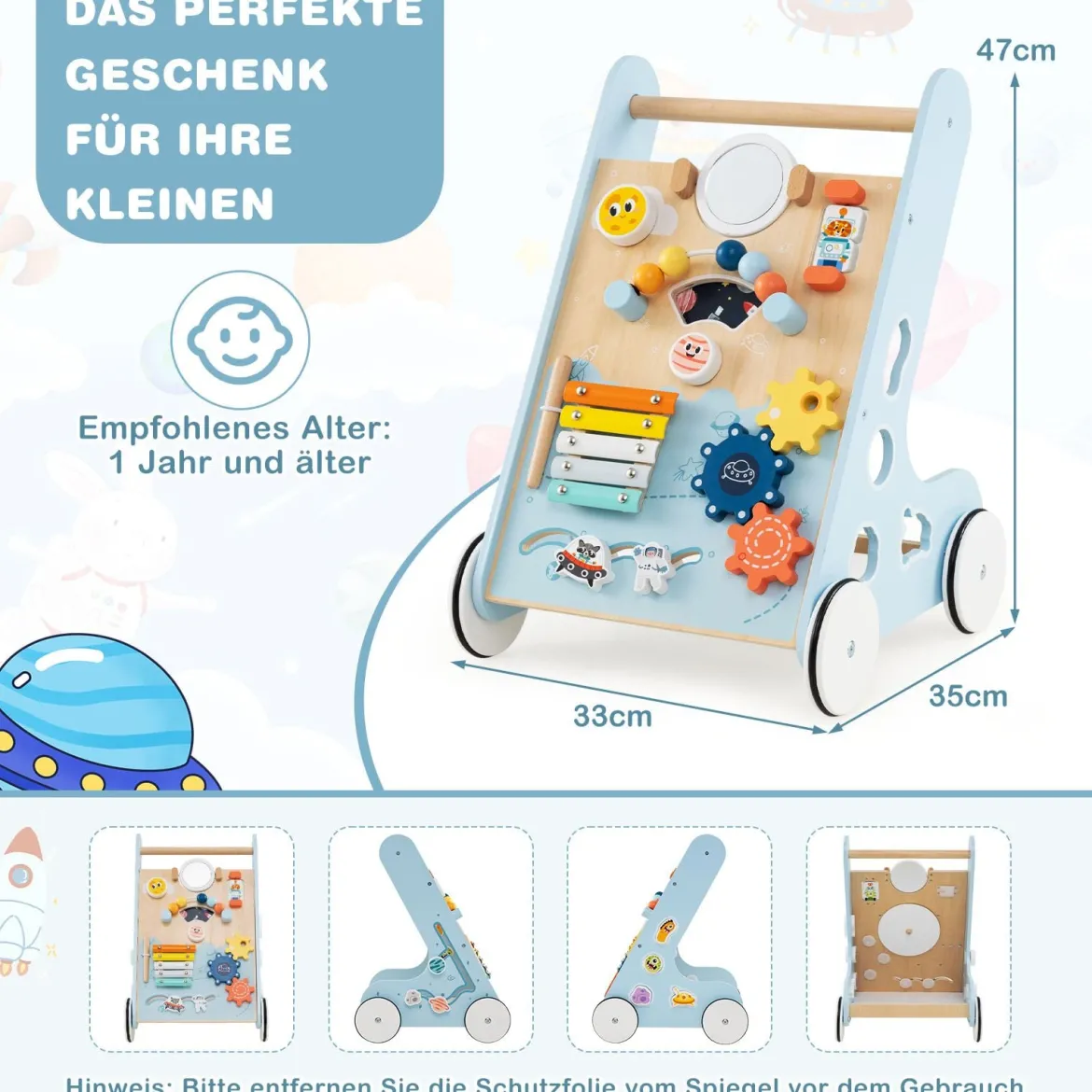 Baby Lauflernhilfe zum Schieben & Ziehen Holz Lauflernwagen Laufspielzeug mit Rädern Blau