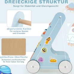 Baby Lauflernhilfe zum Schieben & Ziehen Holz Lauflernwagen Laufspielzeug mit Rädern Blau