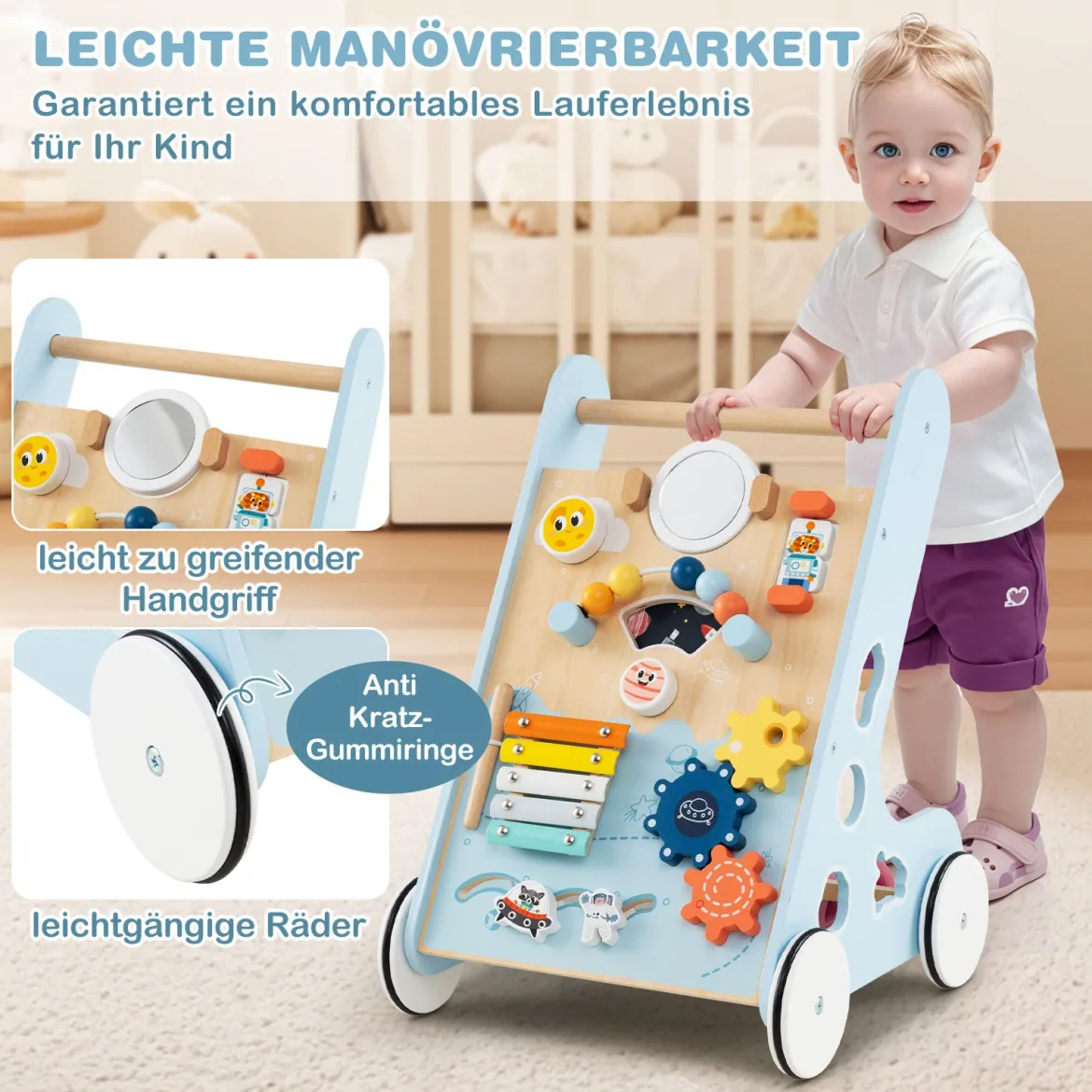 Baby Lauflernhilfe zum Schieben & Ziehen Holz Lauflernwagen Laufspielzeug mit Rädern Blau