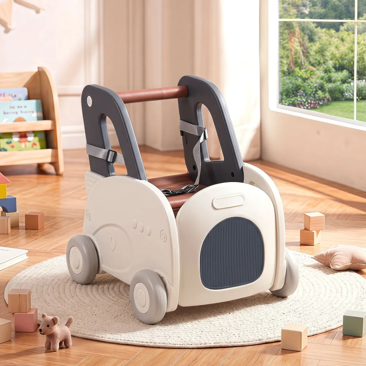 Baby Lauflernwagen mit Griff Zugseil Klappsitz Sicherheitsgurt Spielzeugkiste auf Rädern in Autoform