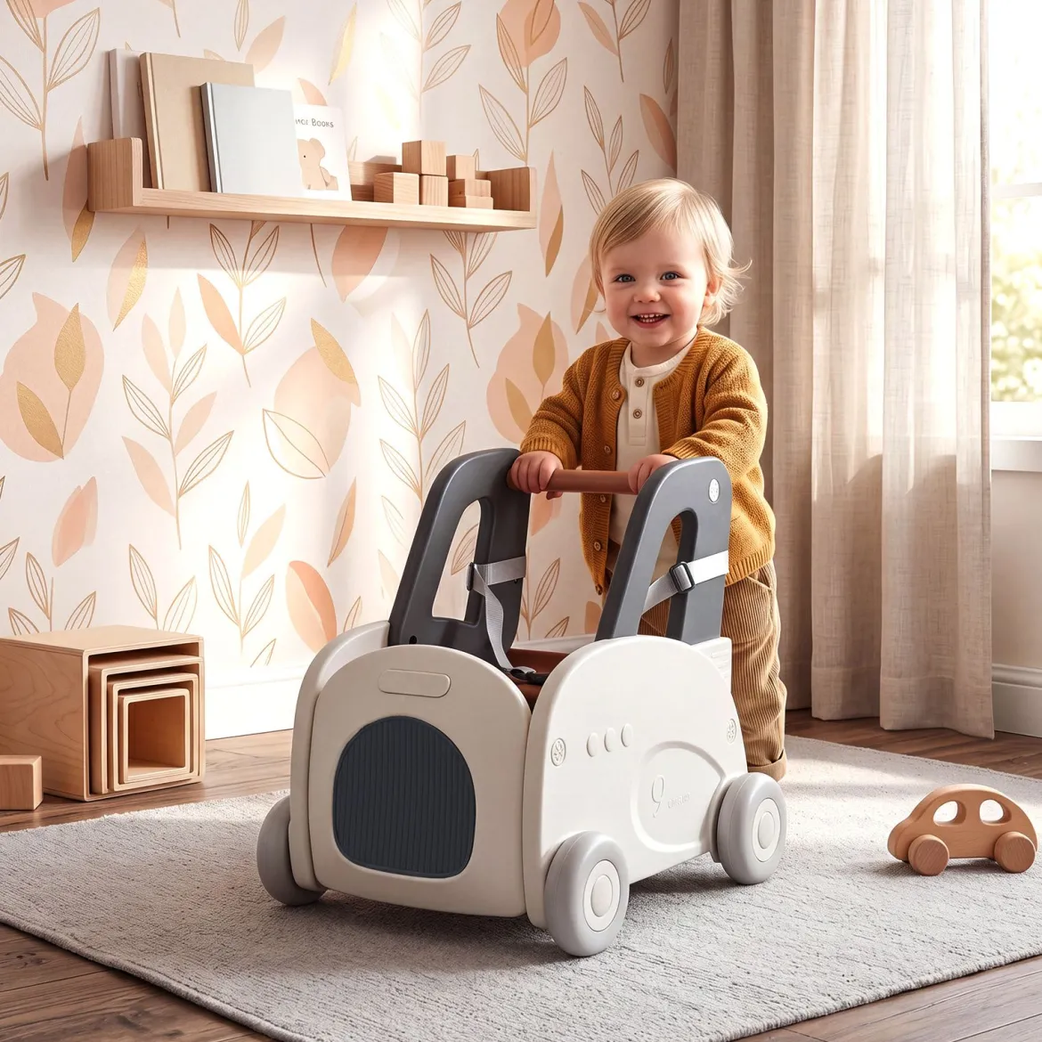 Baby Lauflernwagen mit Griff Zugseil Klappsitz Sicherheitsgurt Spielzeugkiste auf Rädern in Autoform