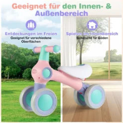 Baby Laufrad mit Verstellbarem Weichem Sitz & 4 Geräuschlose Räder ohne Pedale Rosa