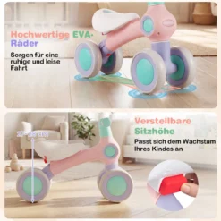 Baby Laufrad mit Verstellbarem Weichem Sitz & 4 Geräuschlose Räder ohne Pedale Rosa