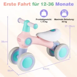 Baby Laufrad mit Verstellbarem Weichem Sitz & 4 Geräuschlose Räder ohne Pedale Rosa