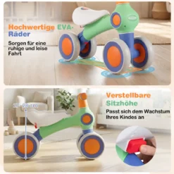 Baby Laufrad mit Verstellbarem Weichem Sitz & 4 Geräuschlose Räder ohne Pedale Grün