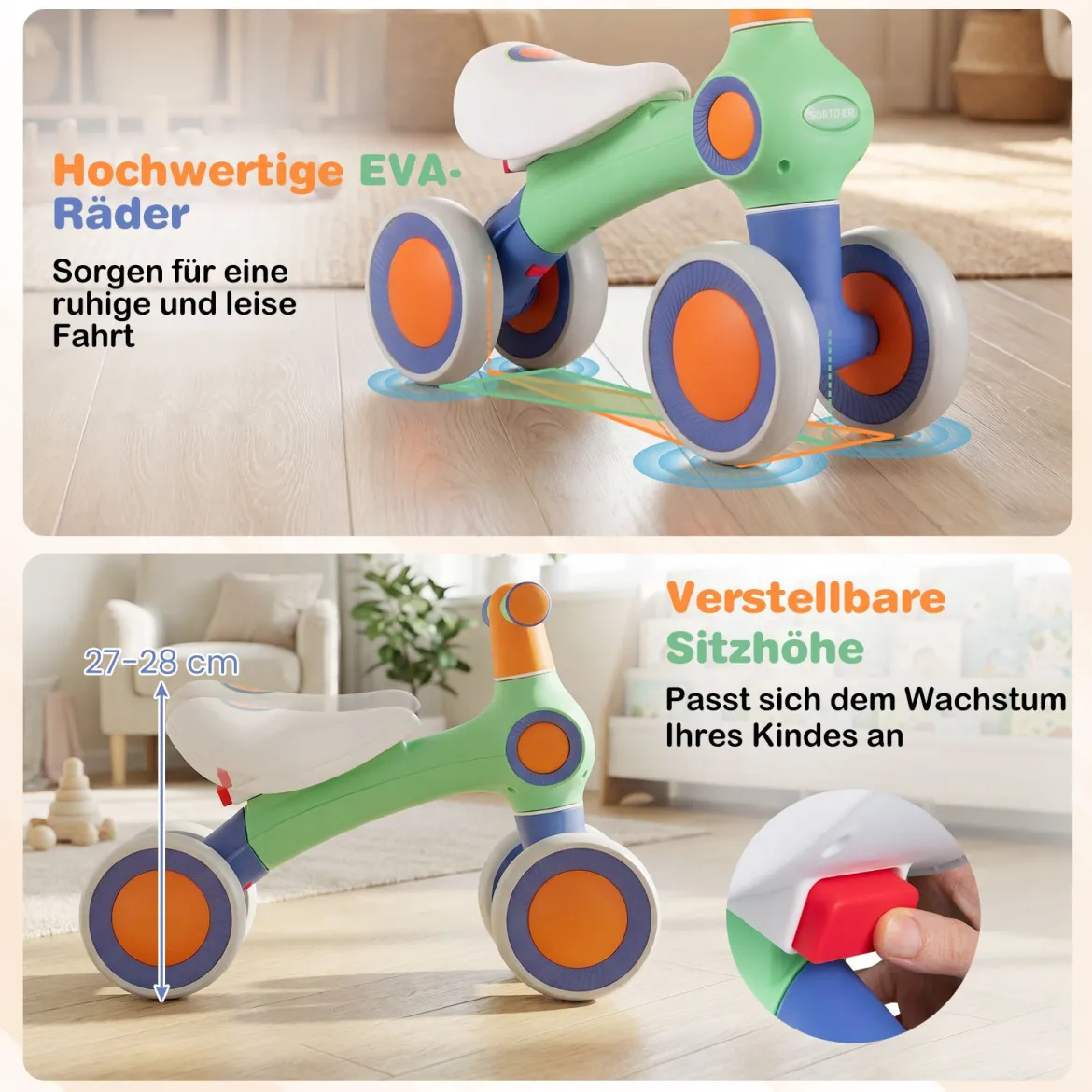 Baby Laufrad mit Verstellbarem Weichem Sitz & 4 Geräuschlose Räder ohne Pedale Grün