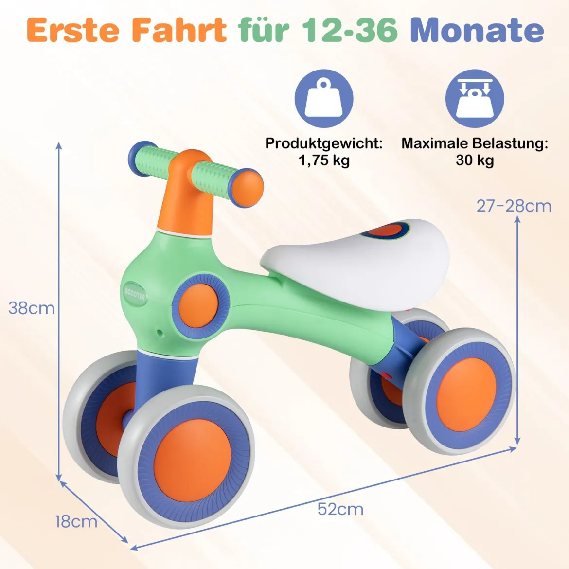 Baby Laufrad mit Verstellbarem Weichem Sitz & 4 Geräuschlose Räder ohne Pedale Grün