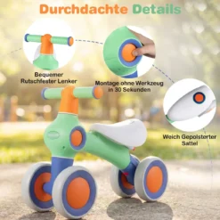 Baby Laufrad mit Verstellbarem Weichem Sitz & 4 Geräuschlose Räder ohne Pedale Grün